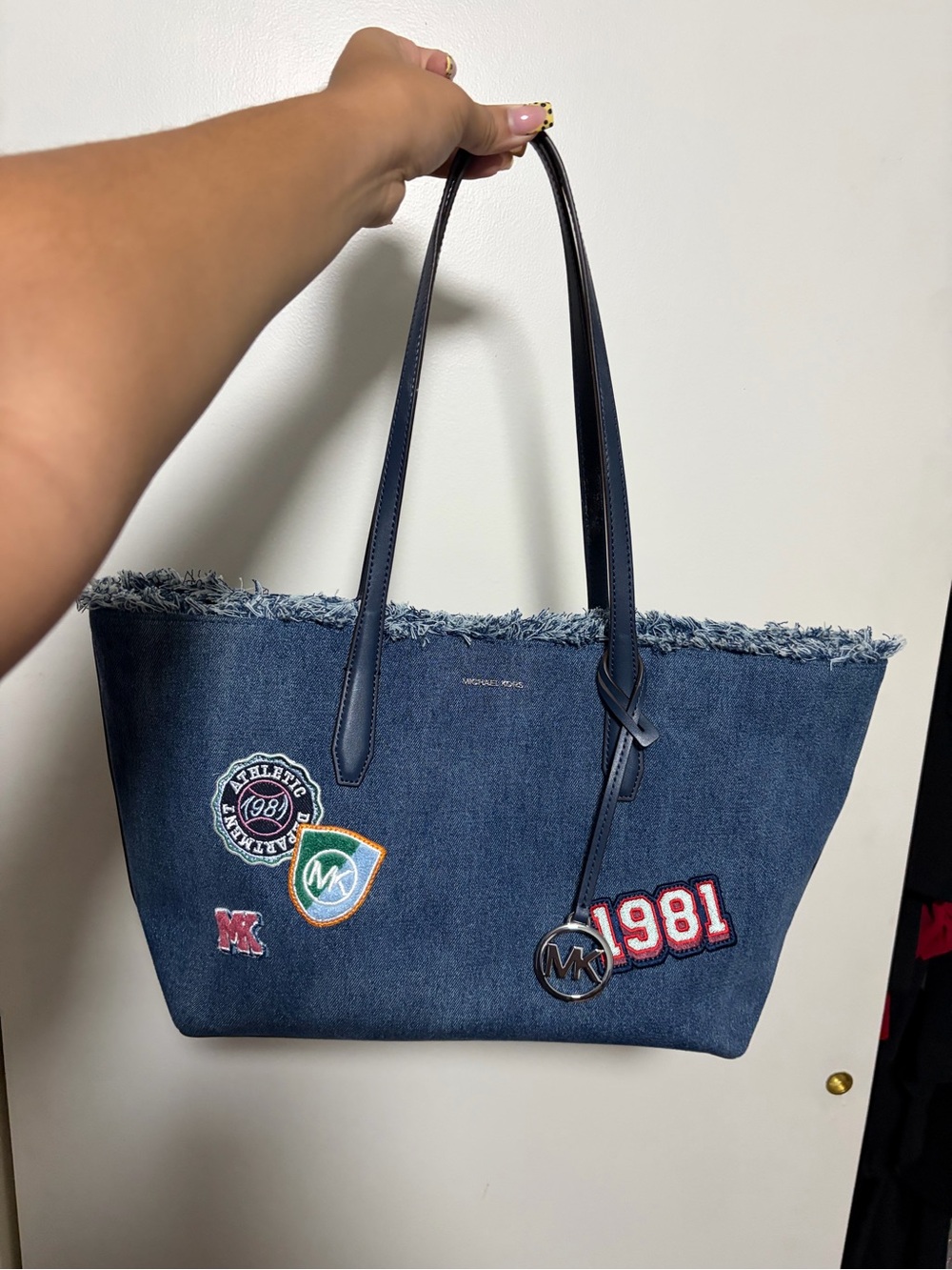Michael Kors Denim Patchwork Embroidered Tote in Navy
